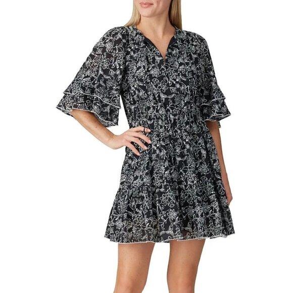 NWT PARKER Lindsay Smocked Fit & Flare Mini Dress Black Small - Picture 2 of 7